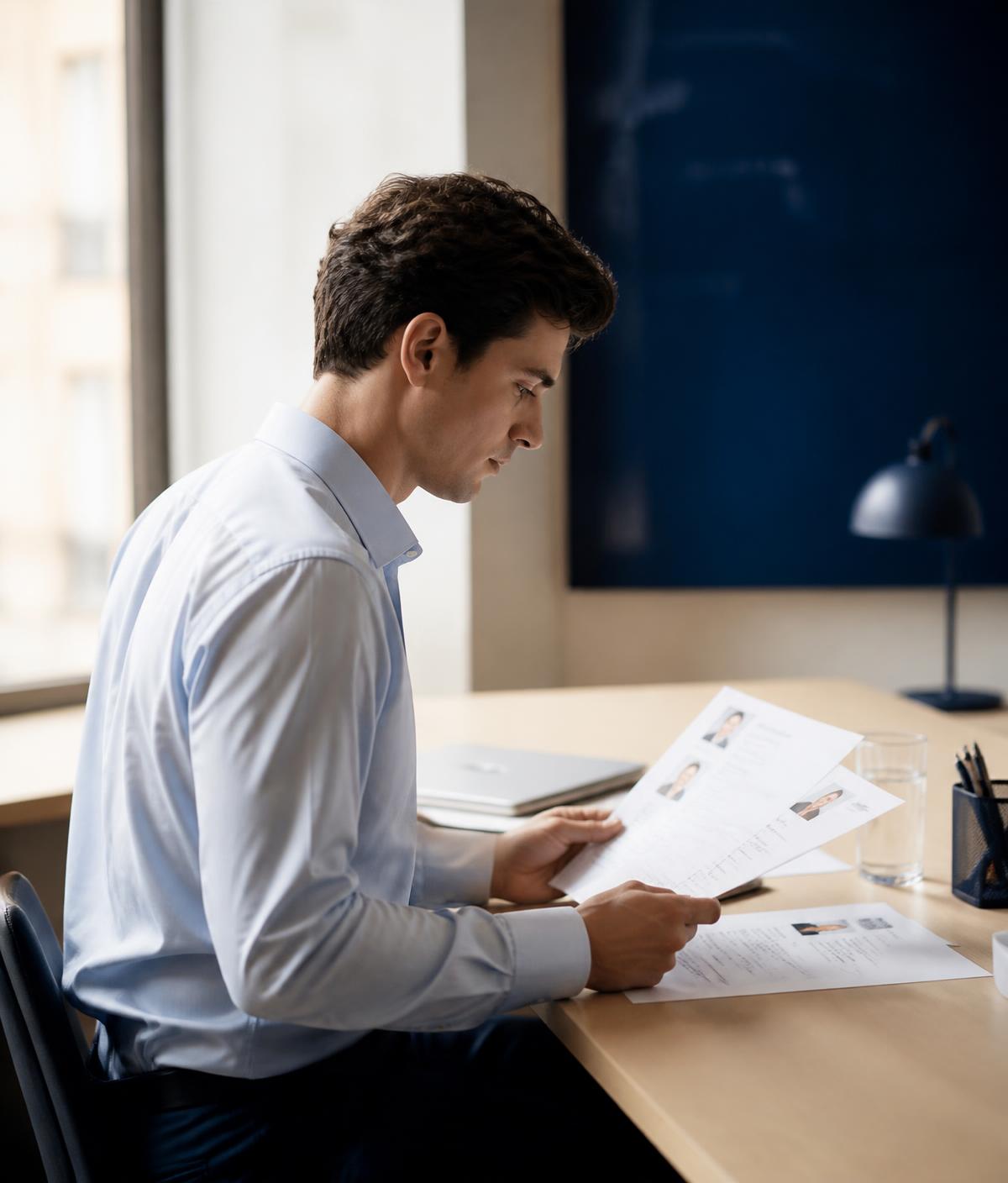Career consultant reviewing printed CVs at a desk